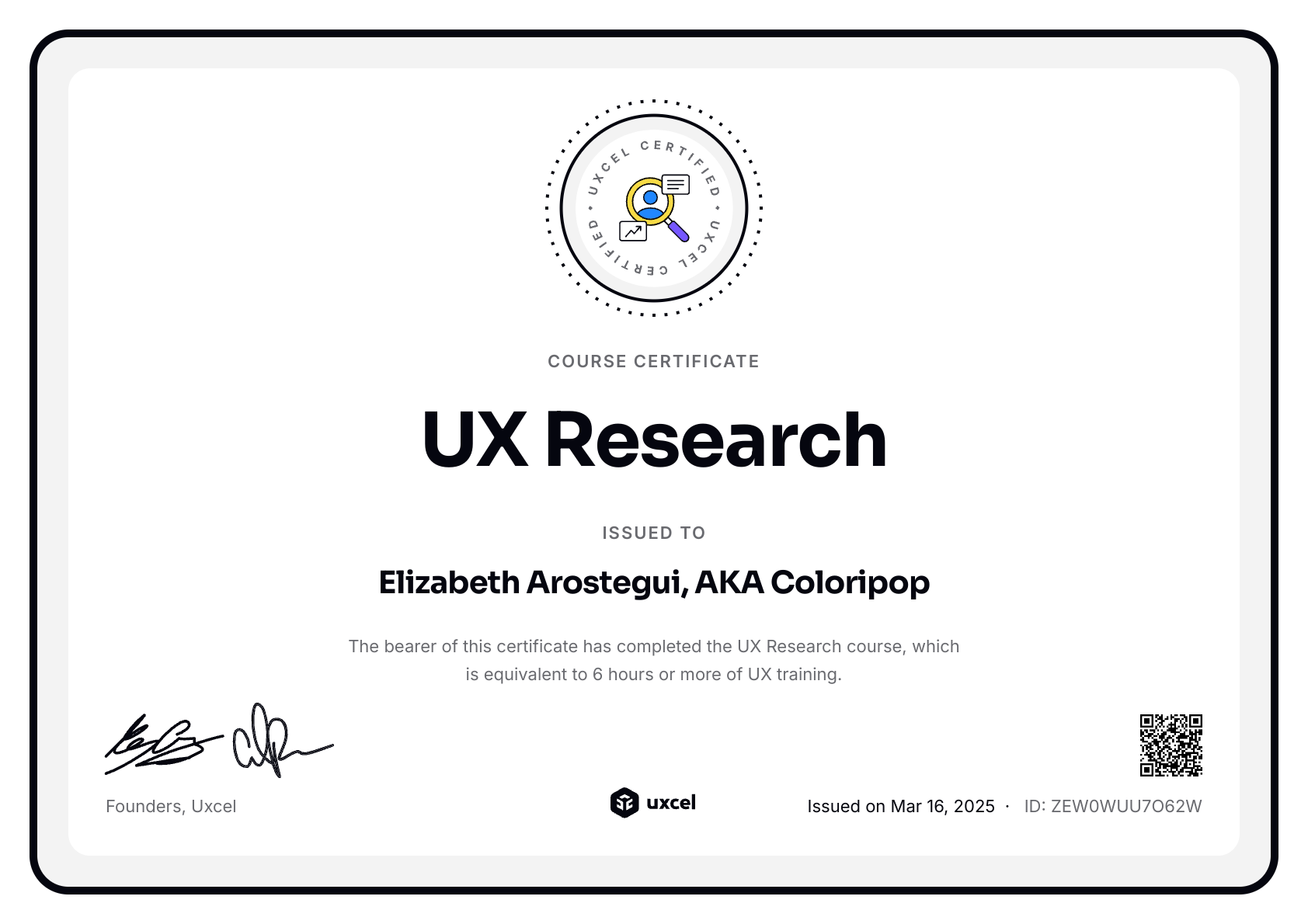 Elizabeth Arostegui, AKA Coloripop's certificate